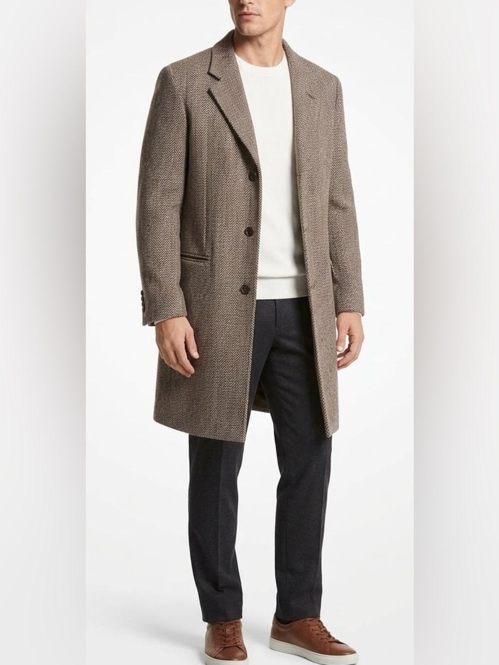 Michael Kors 100% Wool Men's Taupe Herringbone Wool Pea Coat